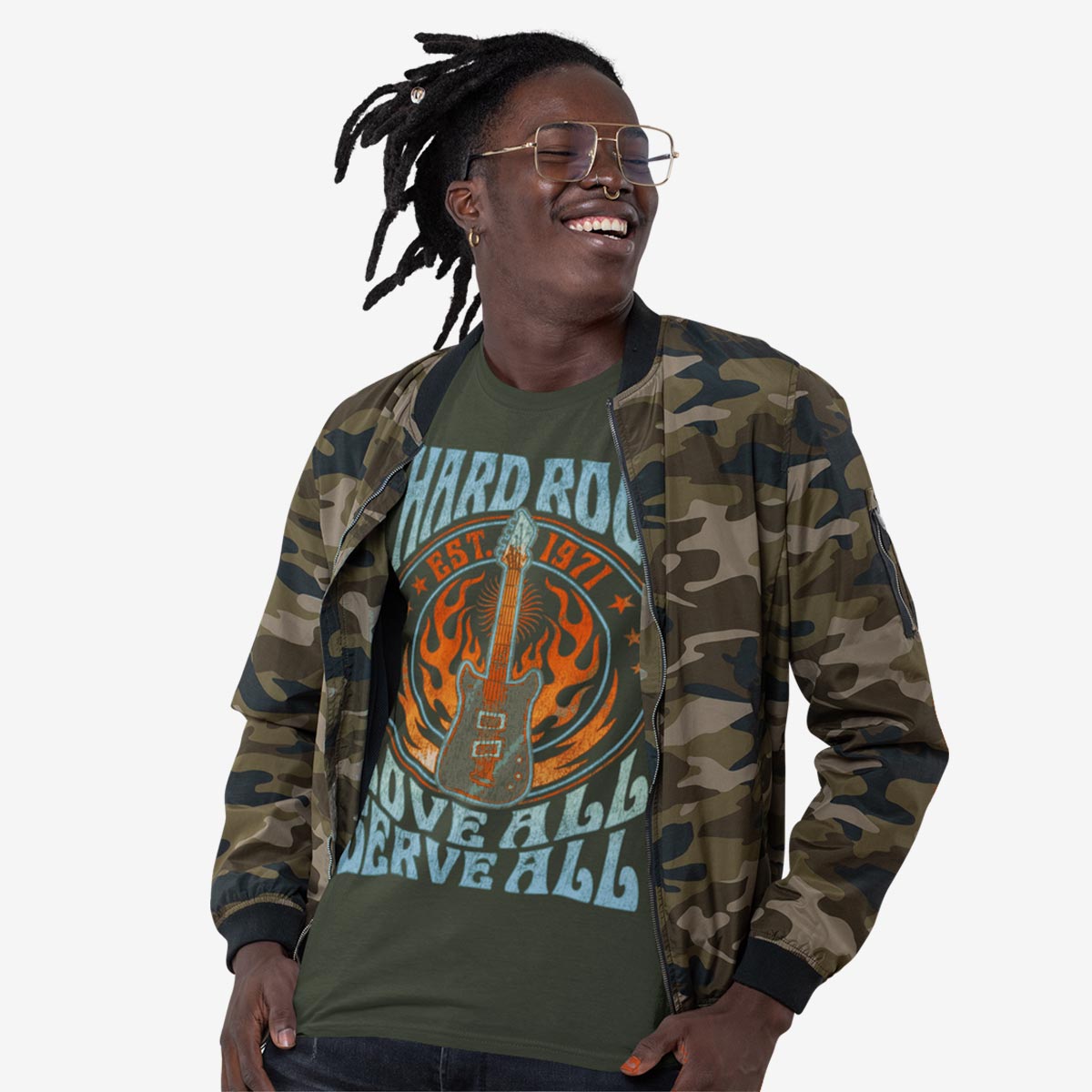 Music Festival Guitar Flames Crewneck Tee in Military Green image number 1