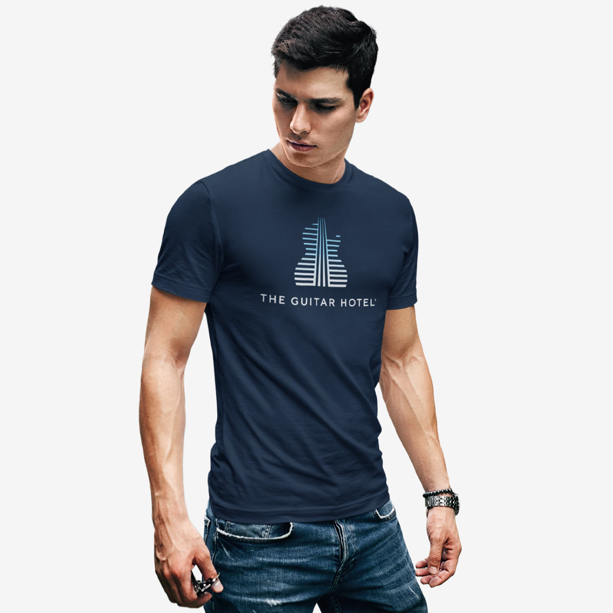 Guitar Hotel Adult Fit Tee in Navy with Gradient Guitar Design image number 1