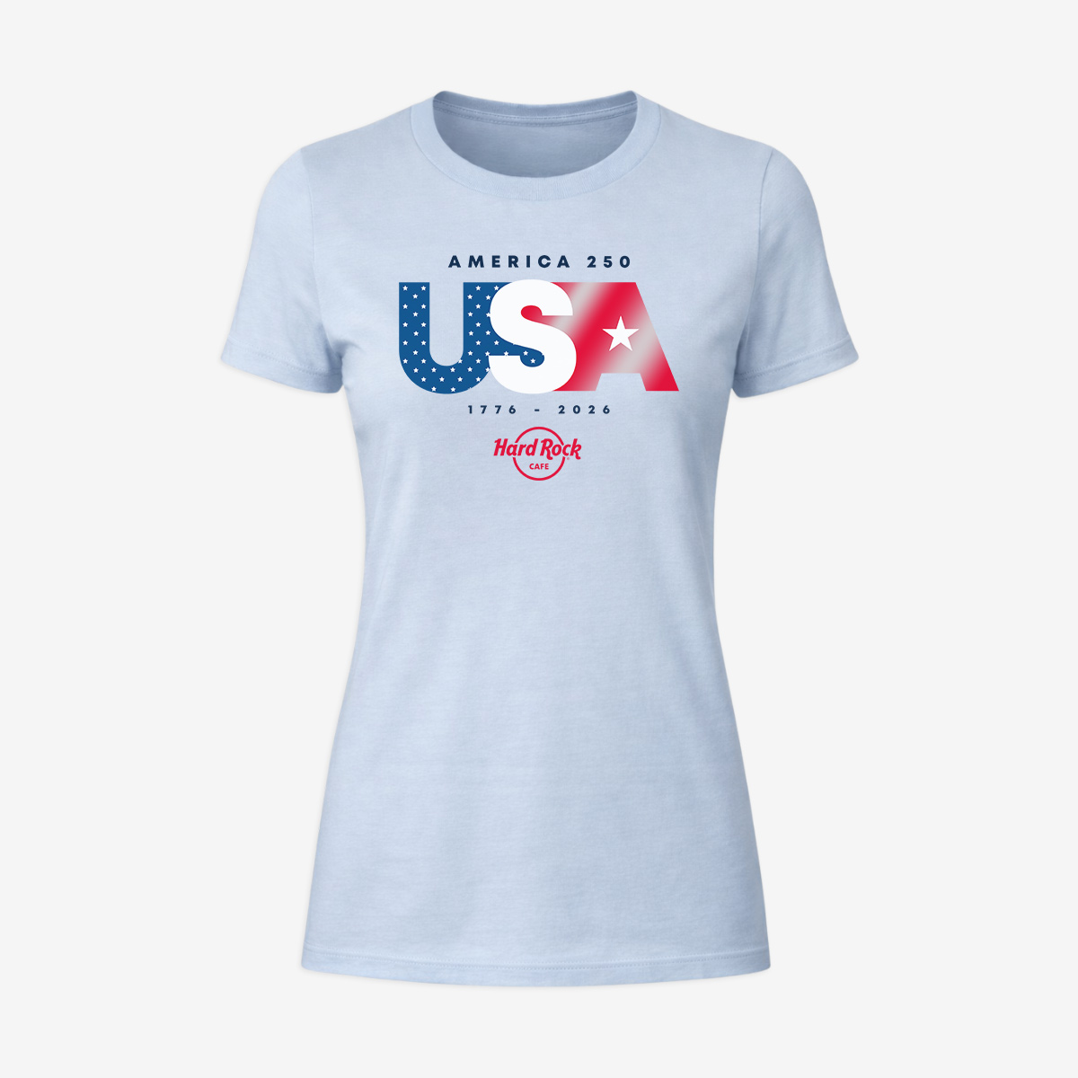 Ladies Fit 250th Anniversary Foil Tee in Light Blue image number 1