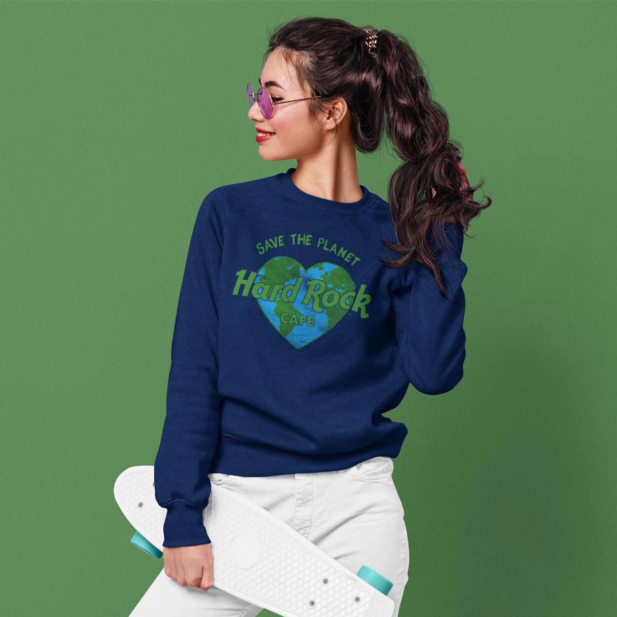 Hard Rock Adult Fit Save the Planet Heart Sweatshirt in Navy image number 3