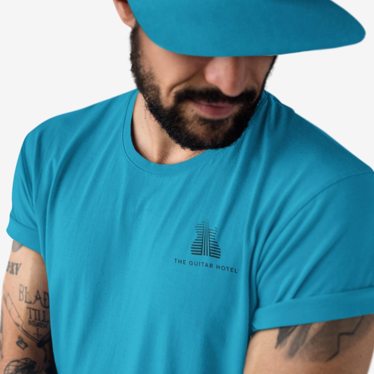 Guitar Hotel Adult Fit Tee in Aqua with Reflection Design image number 5