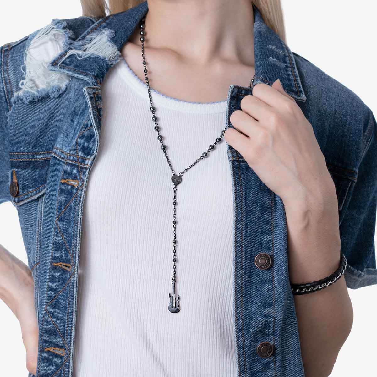 Guitar Pendant Rosary Necklace in Gunmetal Tone image number 2