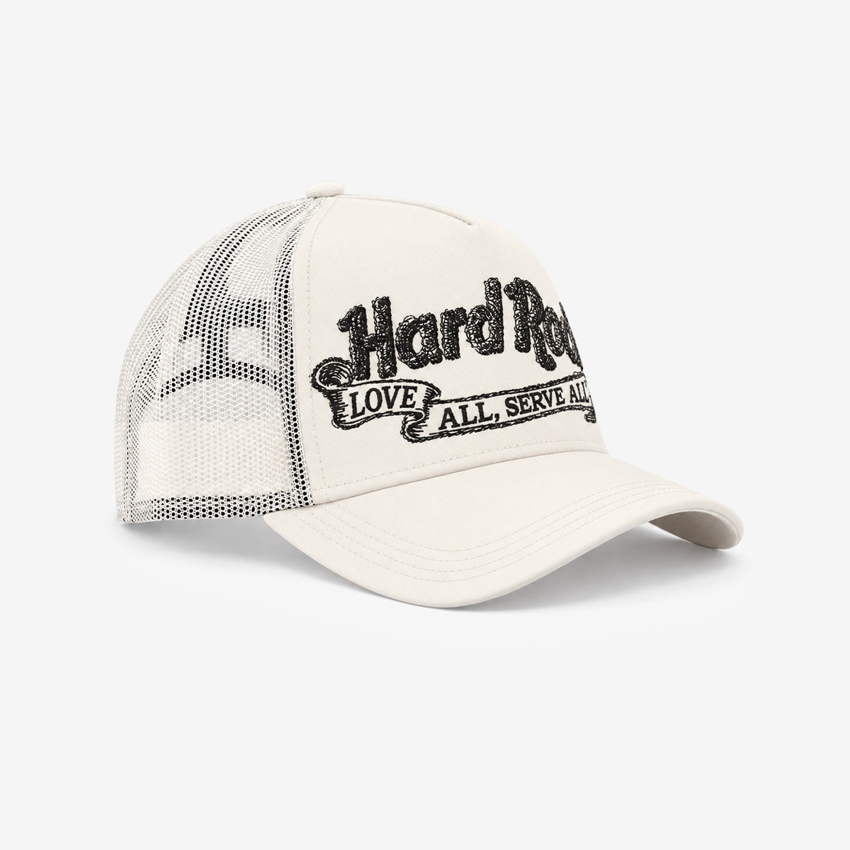 Hard Rock x Cult Banner Motto Mesh Trucker Hat in Winter White image number 4