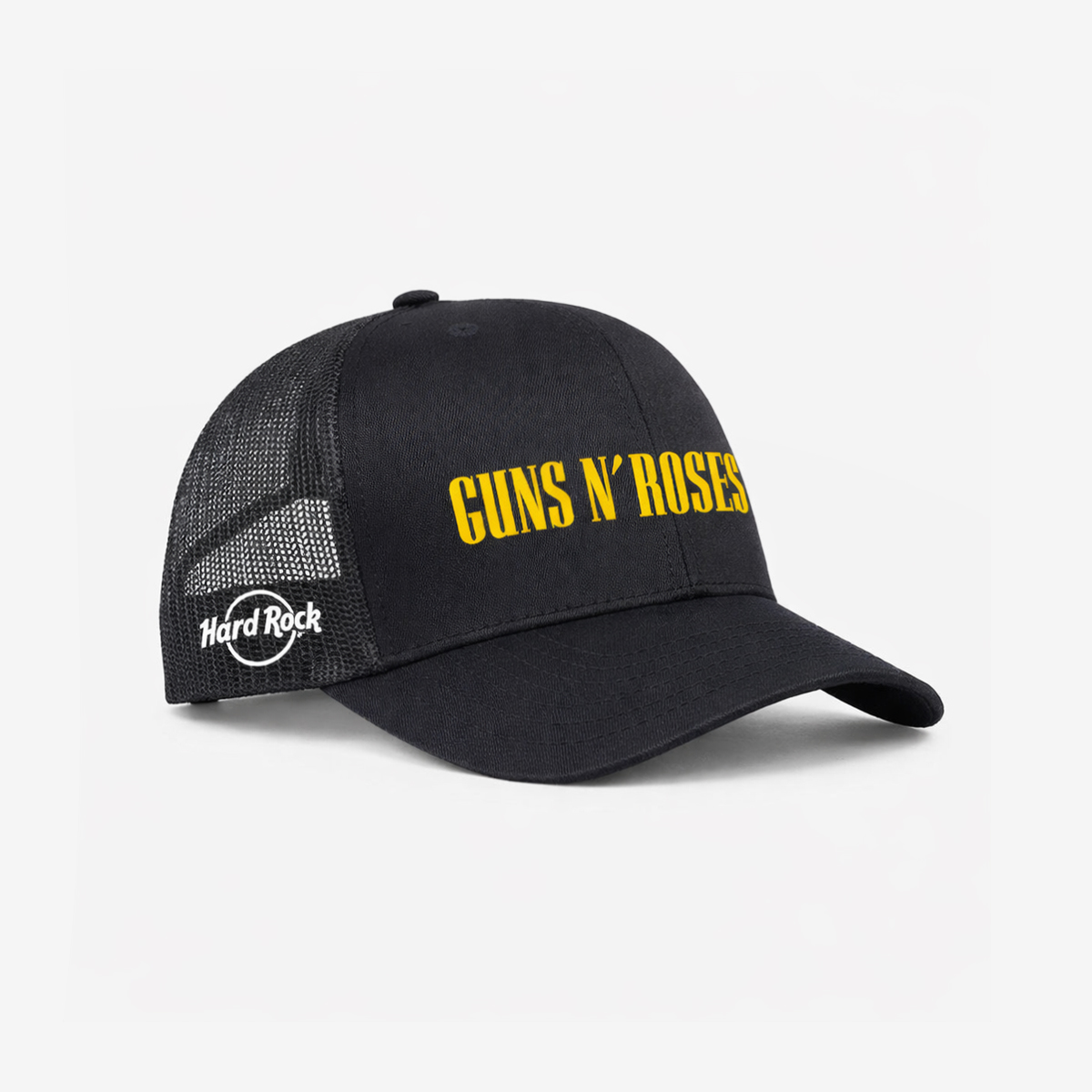 Black trucker hat with yellow Guns N' Roses lettering across the front, black mesh side panels, a curved brim, and a white Hard Rock logo on the side. image number 1