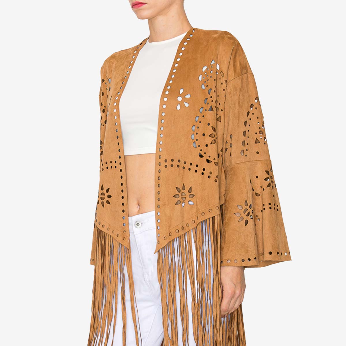 Vegan Suede Laser Cut Fringe Jacket in Camel image number 4