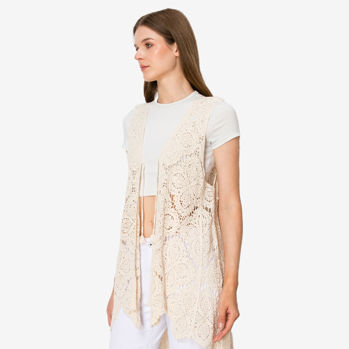 Crochet Duster Vest in Ivory image number 1