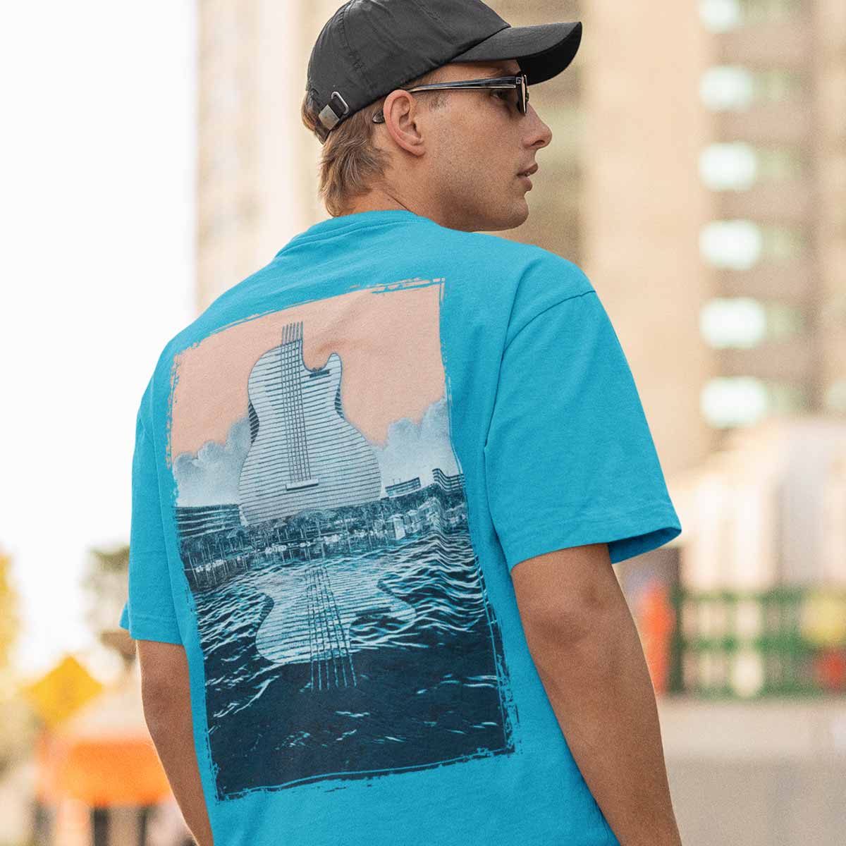 Guitar Hotel Adult Fit Tee in Aqua with Reflection Design image number 4