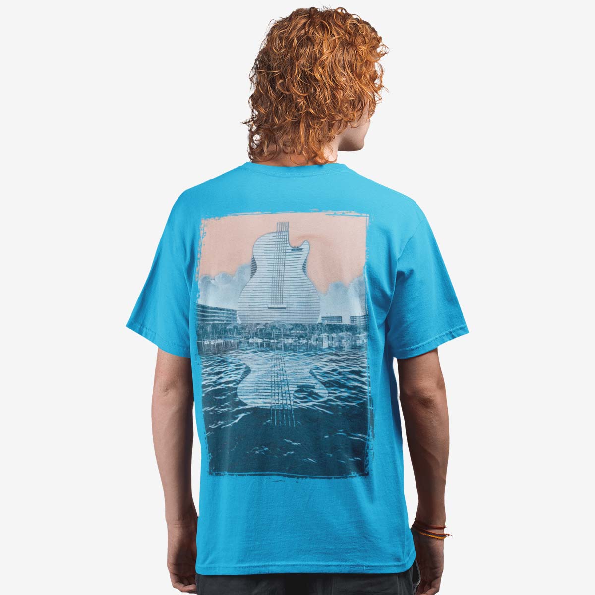 Guitar Hotel Adult Fit Tee in Aqua with Reflection Design image number 6