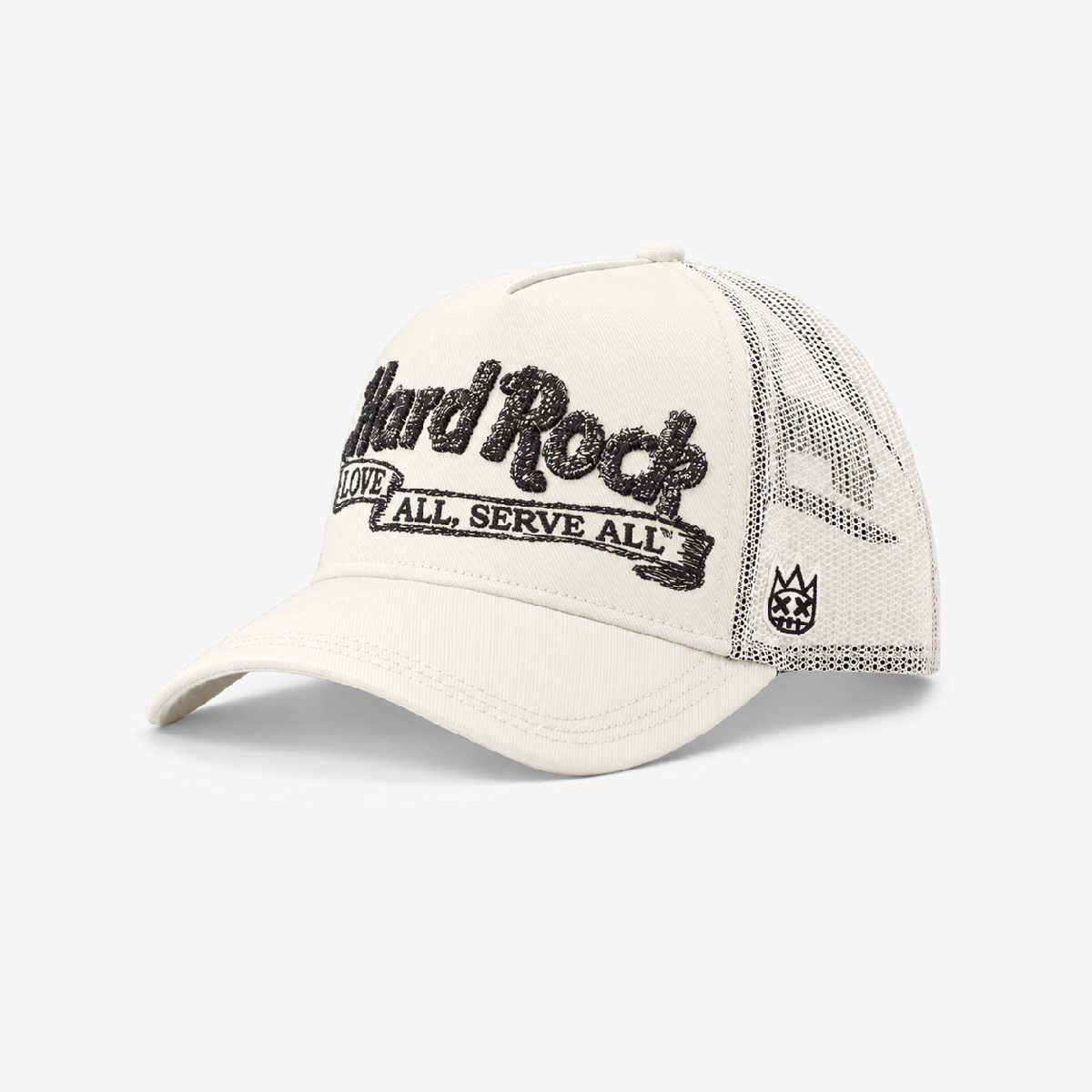 Hard Rock x Cult Banner Motto Mesh Trucker Hat in Winter White image number 3