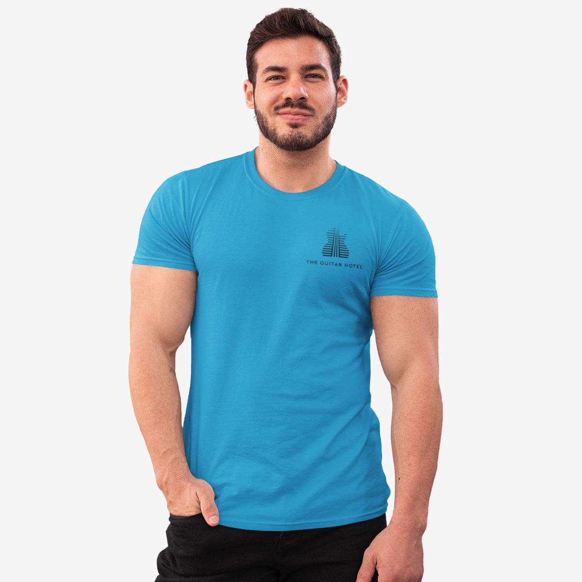 Guitar Hotel Adult Fit Tee in Aqua with Reflection Design image number 1