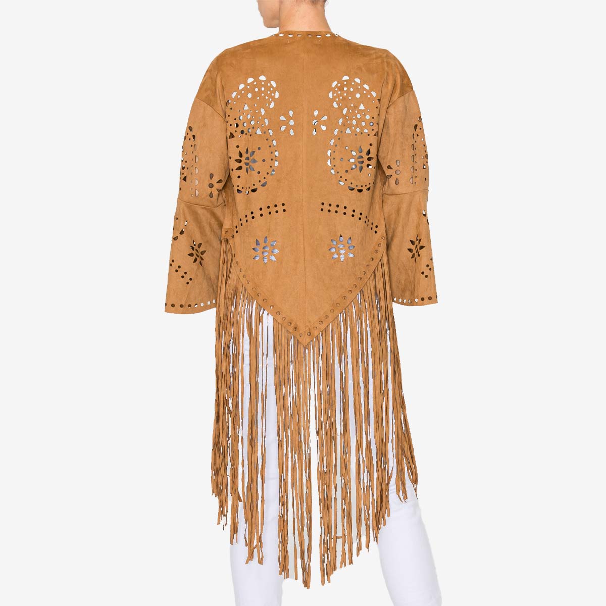 Vegan Suede Laser Cut Fringe Jacket in Camel image number 3